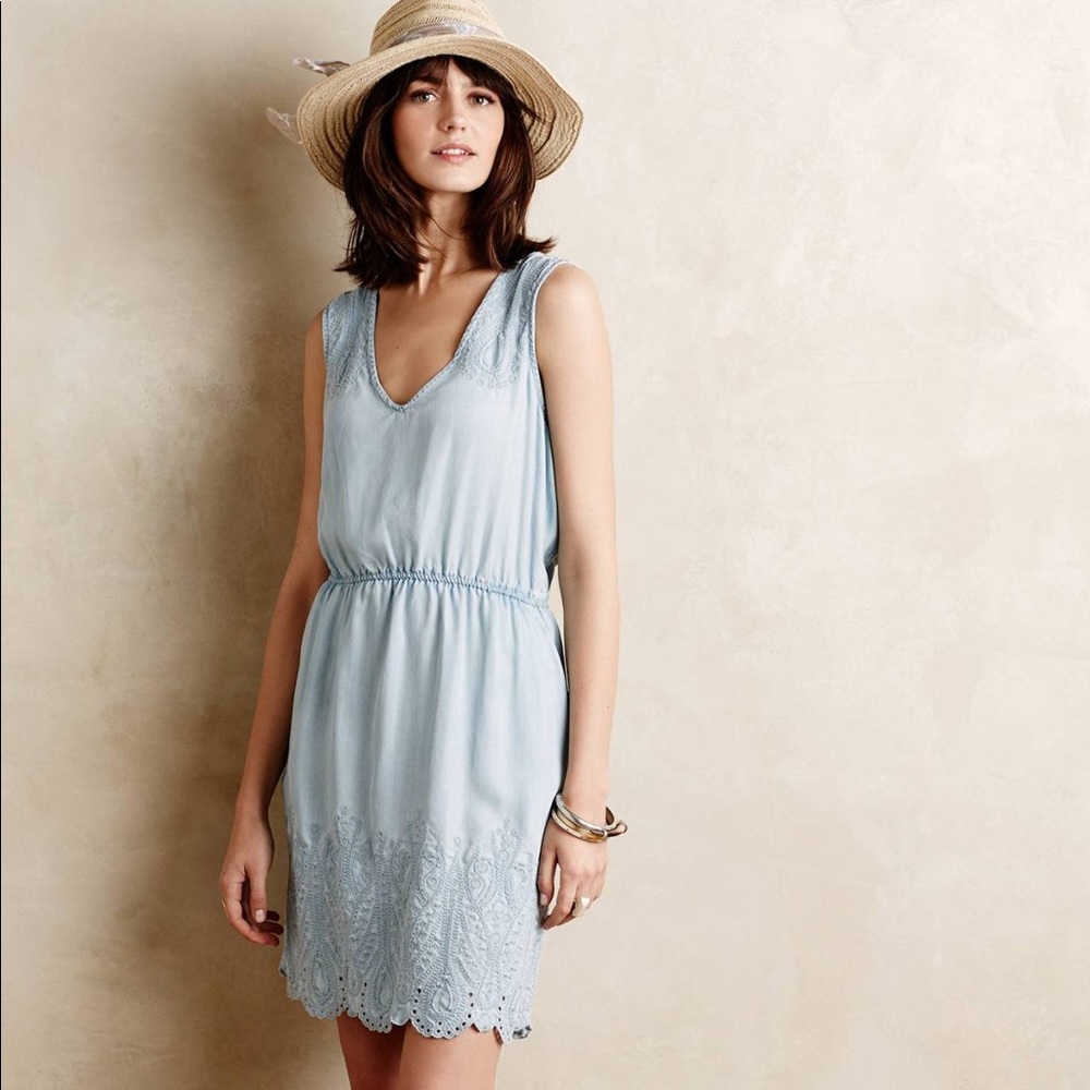 Anthropologie Holding Horses Embroidered Chambray Dress